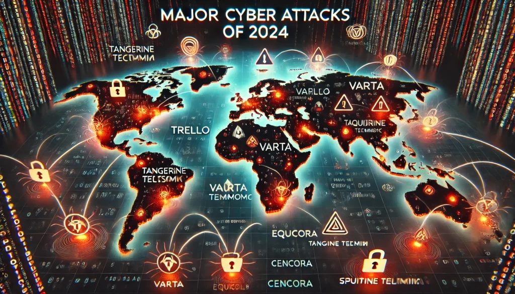 Global map showing major cyber attacks of 2024 affecting companies like Trello, VARTA, Tangerine Telecom, EquiLend, Spoutible, and Cencora.