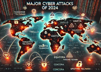 Global map showing major cyber attacks of 2024 affecting companies like Trello, VARTA, Tangerine Telecom, EquiLend, Spoutible, and Cencora.