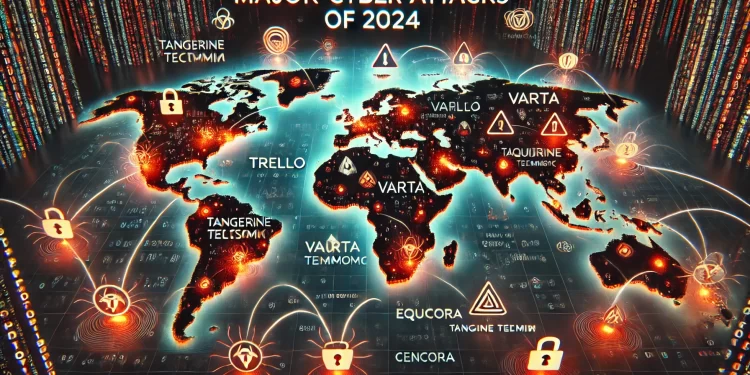Global map showing major cyber attacks of 2024 affecting companies like Trello, VARTA, Tangerine Telecom, EquiLend, Spoutible, and Cencora.